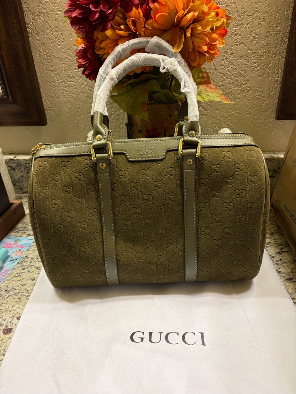 Gucci Olive Suede Monogram Dome Satchel with Leather Trim